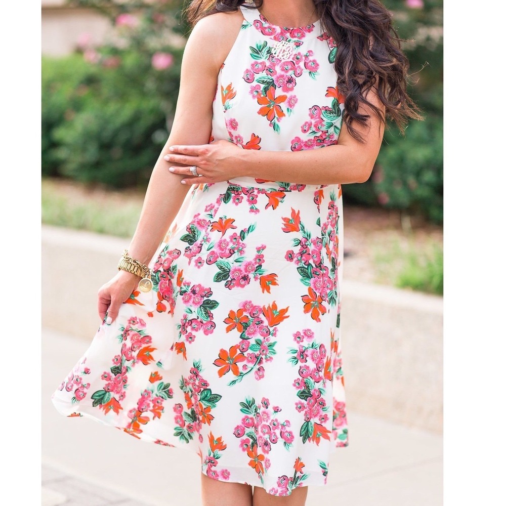 Ann Taylor Floral Halter Midi Dress White Pink‎ Orange Bow Back Sleeveless 4